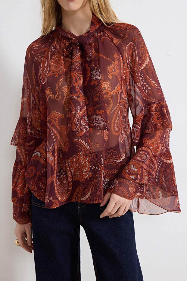 Bordo Şal Desenli Kolları Fırfırlı Boho Transparan Şifon Bluz TWOSS26BZ00218 - 3