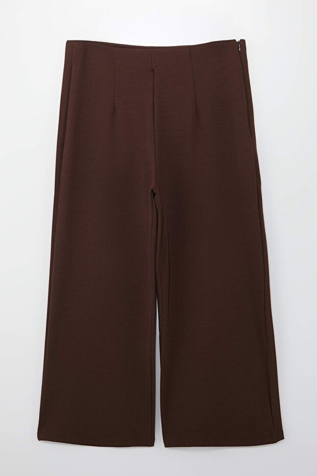 Kahverengi Culotte Fit Kesik Detaylı Yüksek Bel Örme Büyük Beden Pantolon TBBSS25AR00041 - 3