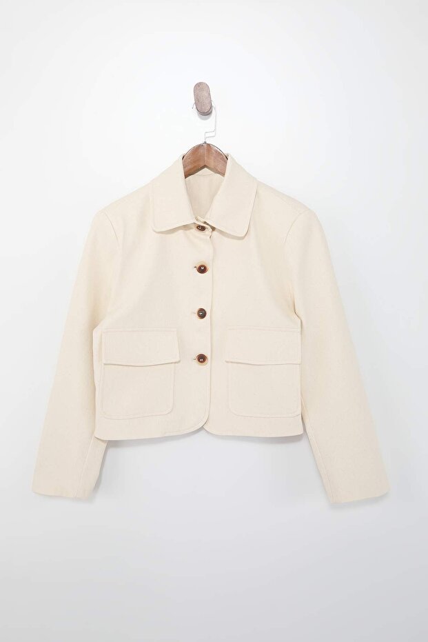 Bej Oversize Düğmeli %100 Pamuk Ceket TWOSS26CE00021 - 3