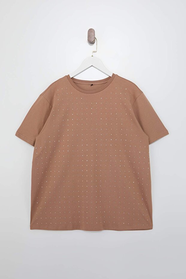 Kahverengi Taşlı Örme Büyük Beden Tshirt TBBSS25BF00042 - 4