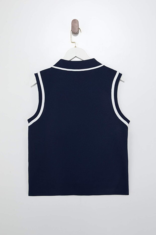 Lacivert Polo Yaka Çizgi Detaylı İnce Yazlık Triko Bluz TBBSS26AF00034 - 7