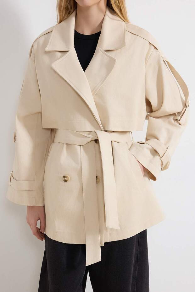 Taş Oversize Kemerli Kruvaze Kapama Midi Trençkot TWOSS26TR00008 - 3