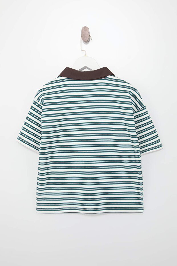 Yeşil Çizgili Oversize Kalıp Polo Yaka Dokuma Detaylı Tok İnterlok Örme T-Shirt TWOSS26TS00030 - 11