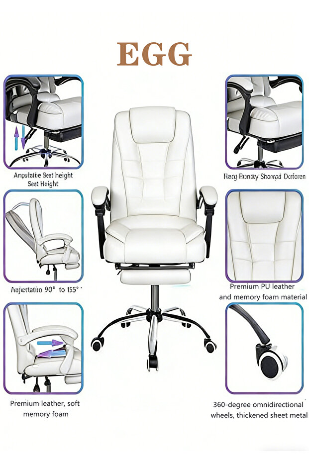 كرسي مكتب مريح بمقاعد معدنية - كرسي كمبيوتر دوار 360 درجة - كرسي مكتب من الجلد الصناعي الأبيض - 6