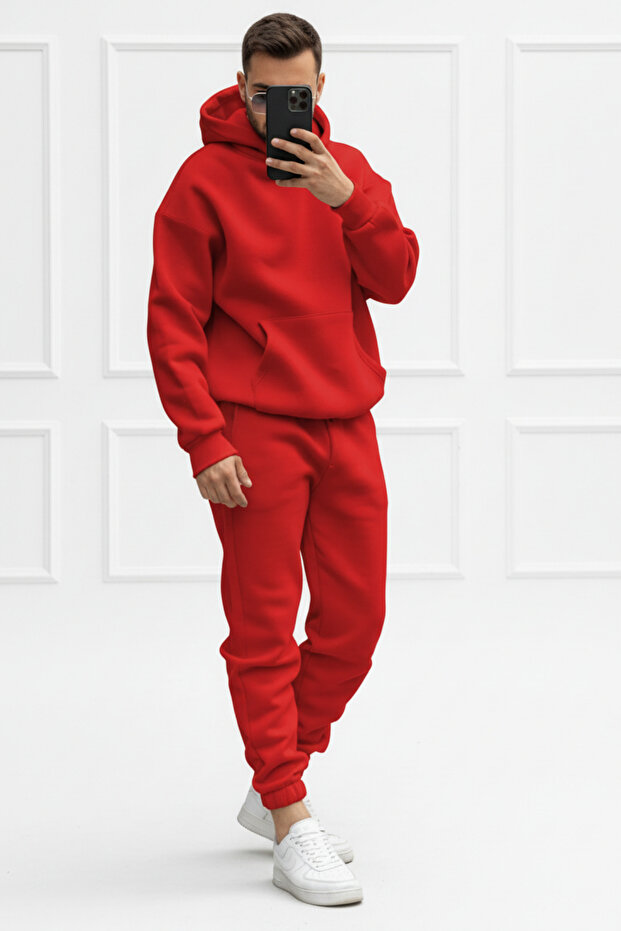 Men's Soft Textured Oversize Hooded Tracksuit Set with Elastic Legs - Casual