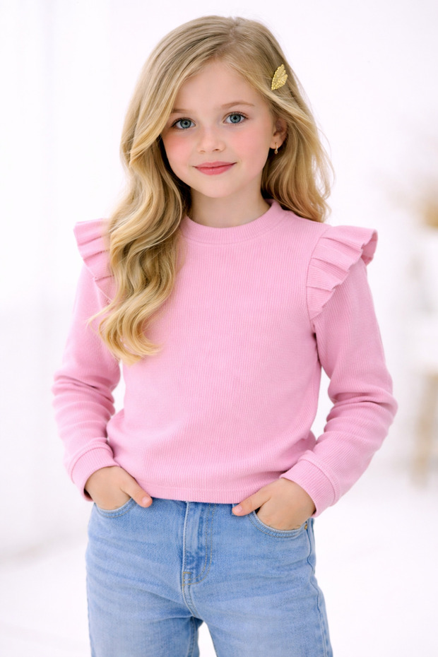 Girl, Baby Girl Lycra, Ruffle Shoulder Long Sleeve T-Shirt Cotton Fabric From 6 Months to -6 Years