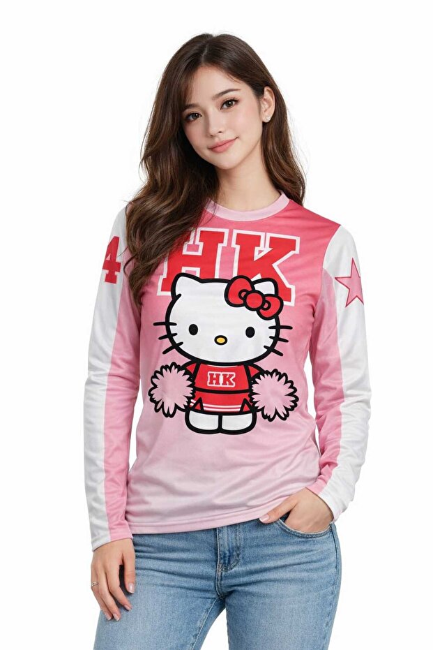 Pink V-Neck Kitty Jersey Long Sleeve Jersey Unisex T-Shirt