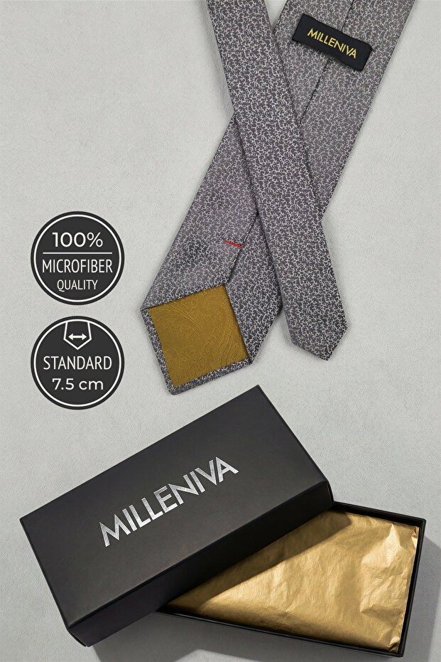 ربطة عنق ومنديل بنمط ميكرو باللون الرمادي - 4
