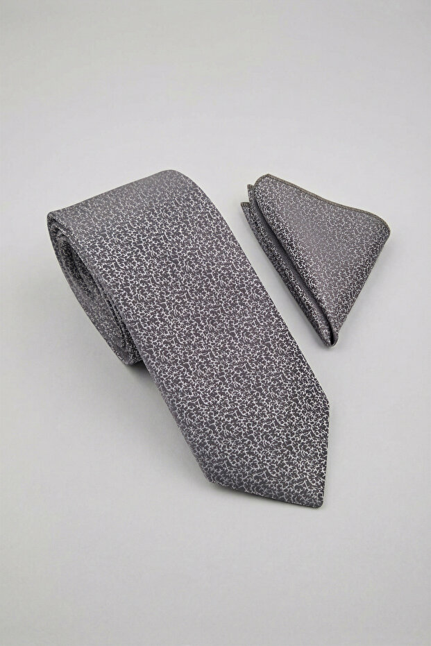 ربطة عنق ومنديل بنمط ميكرو باللون الرمادي - 2