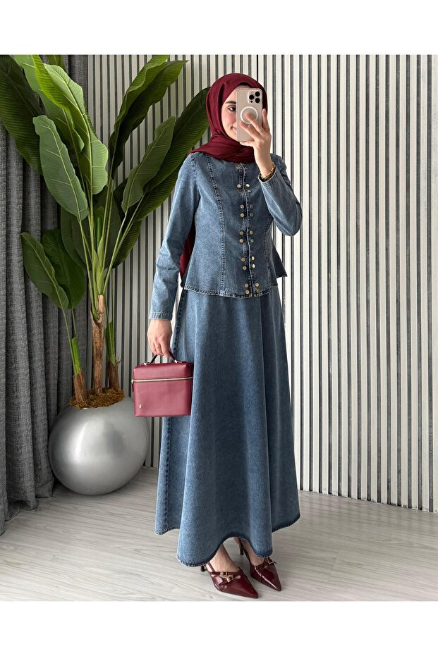 Women's Double Button Detailed Stylish Denim Skirt Suit