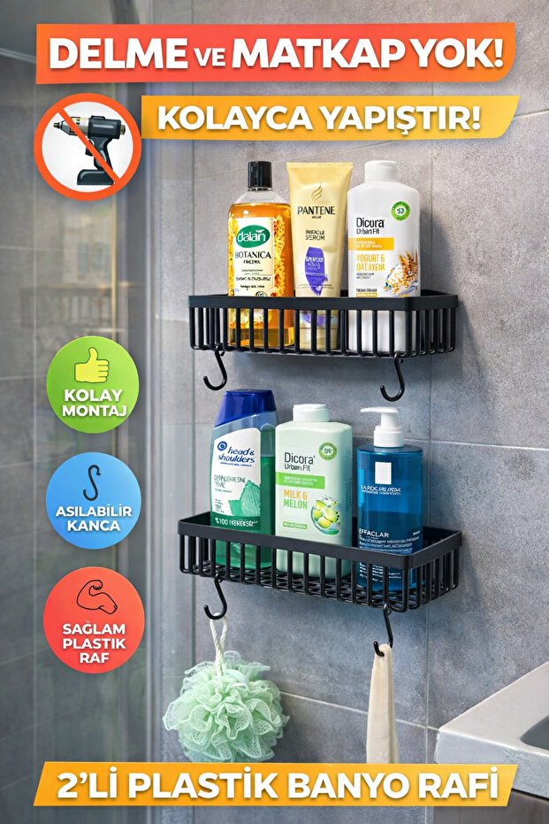 Cherie Home İkili Yapışkanlı Siyah Banyo Düzenleyici Köşe Rafı, Duşakabin İçi Plastik Şampuanlık Organizer