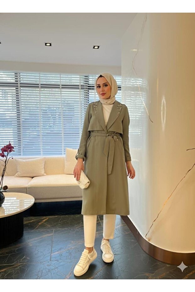 Stone embroidered unlined cupra trench coat