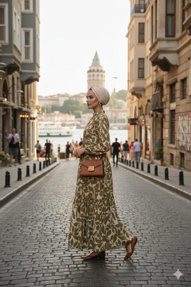 YAPRAK DESENLİ CUPRA KETEN ELBİSE - 2