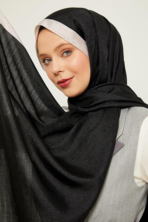 شال أسود - بيج بنمط حلقات وحروف مونوغرام - 2