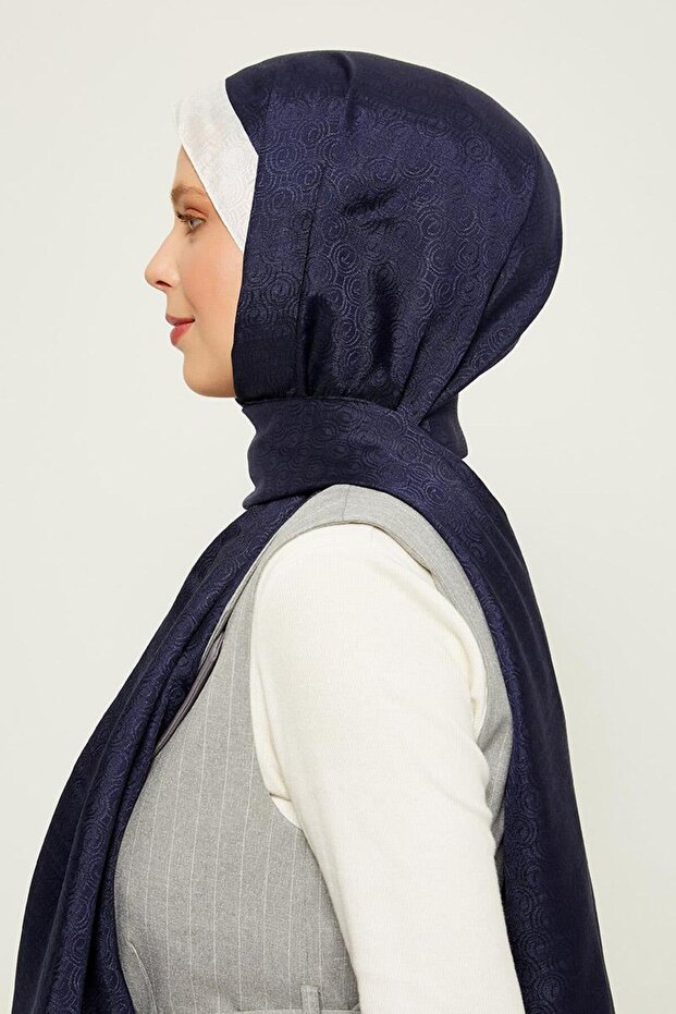 Navy Blue - Ecru Ring Pattern Monogram Shawl - 3