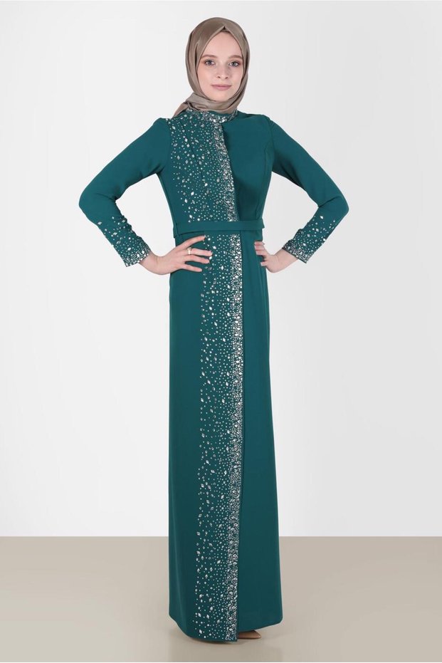 Belted Stone-Detail Evening Dress 50200