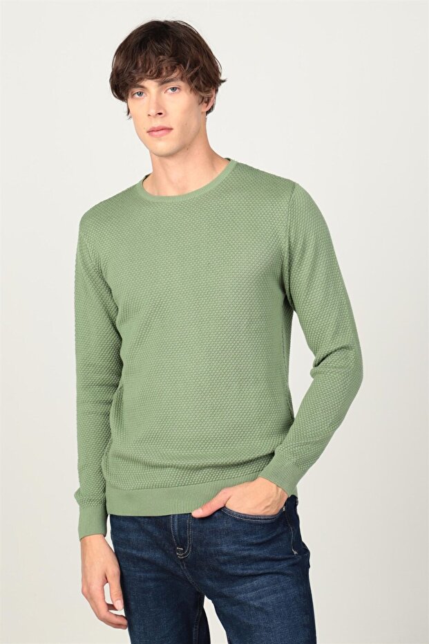 Men's Slim Fit Crew Neck Honeycomb Patterned Green Knitwear Sweater