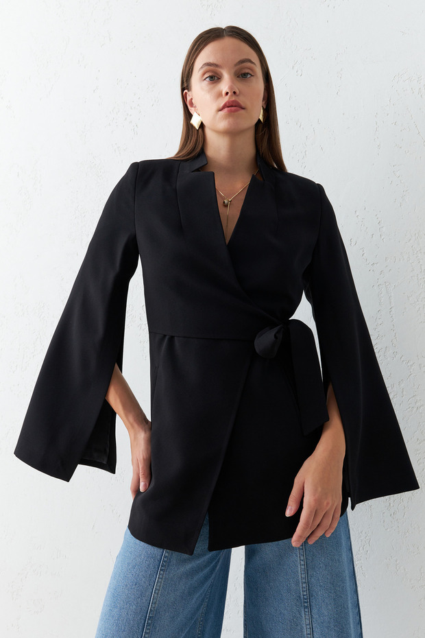 Black Slim Fit Sleeve Detailed Jacket with Tie Detail at the Waist
