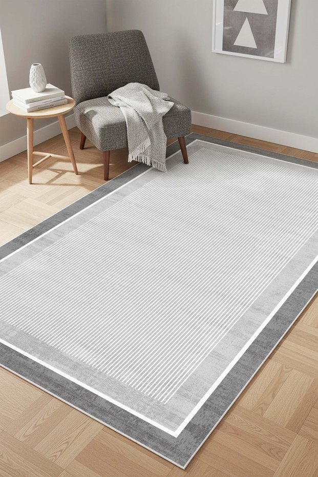 Machine Washable Non-Slip Sole Stain Resistant Gray Striped Living Room Rug Kitchen Rug and Runner Rug
