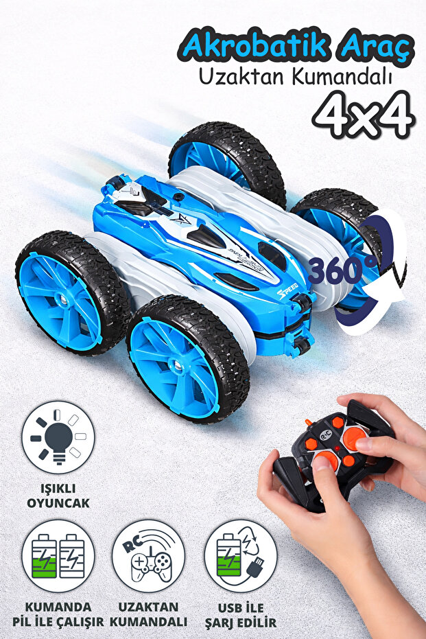 Smartfox Uzaktan Kumandalı 360 Derece Dönen Akrobatik– Şarj Edilebilir Işıklı RC Oyuncak Araba