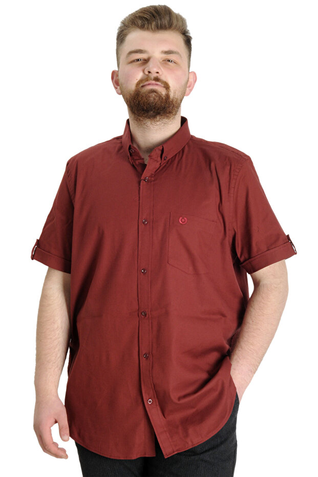 Mode XL Large Size Men's Shirt Gabardine Short Sleeve Single Pocket 23302 Claret Red