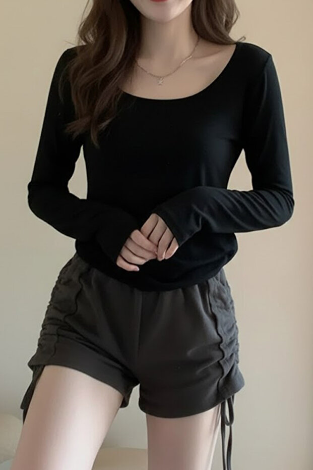 Siyah Basic Uzun Kollu Crop - 2