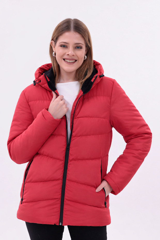 Női piros szélálló polár szőrme vízálló kabát kabát Parka - 5