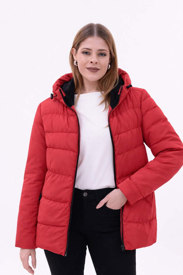 Női piros szélálló polár szőrme vízálló kabát kabát Parka - 2