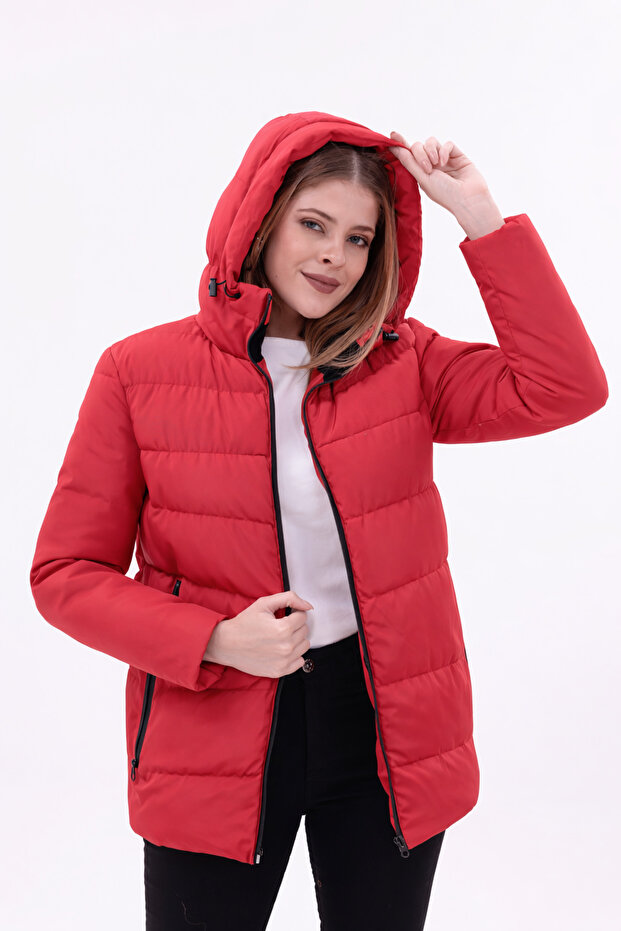Női piros szélálló polár szőrme vízálló kabát kabát Parka - 3