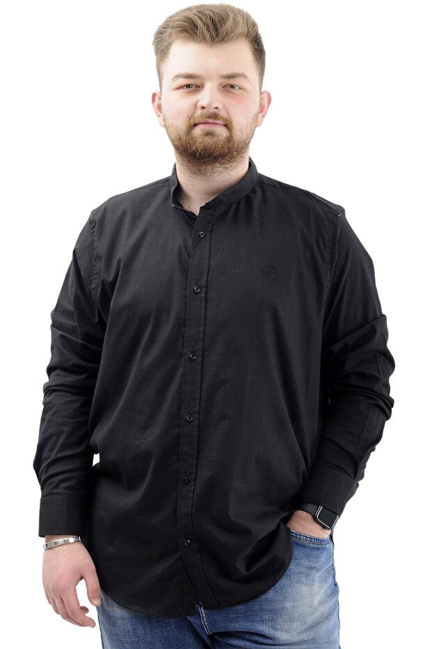 Modexl Mode XL Büyük Beden Erkek Gömlek Uzun Kol Likralı Keten Gömlek U20385 Siyah