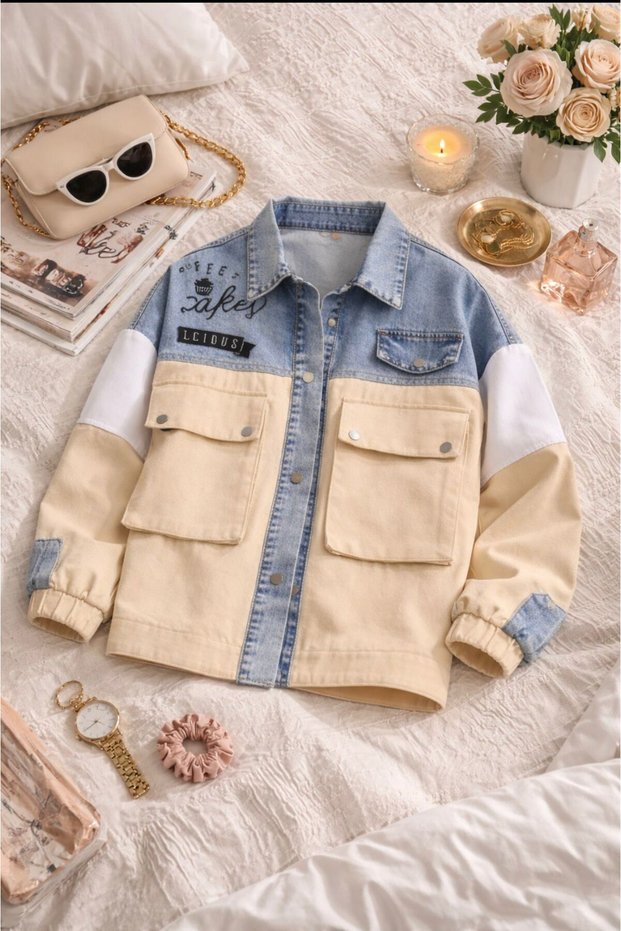 Vintage Denim Printed Oversize Jacket with Pocket Details