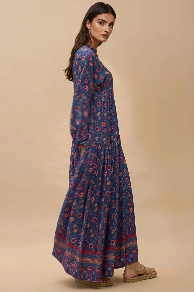 Düğmeli Baskılı V Yaka Modest Elbise - 3