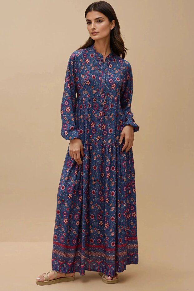 Düğmeli Baskılı V Yaka Modest Elbise - 1
