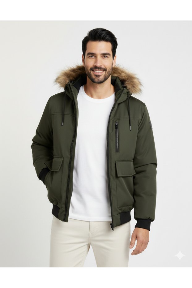 Jjcharlie Detachable Faux Fur Bomber Men's Fur-Lined Khaki Hooded Pilot Jacket