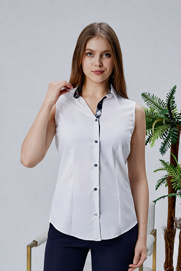 White Cotton Satin Brbry Fabric Detailed Zero Sleeve Slim Fit Women's Shirt
