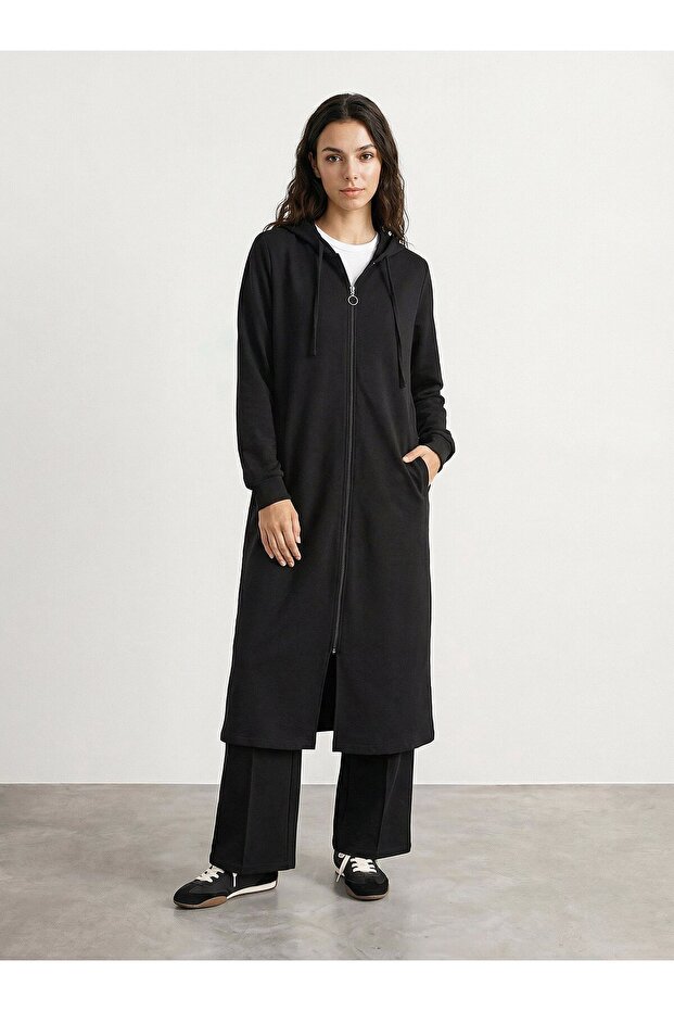 Fermuarlı Kapüşonlu Uzun Spor Kap - Siyah - Refka Basic - 1