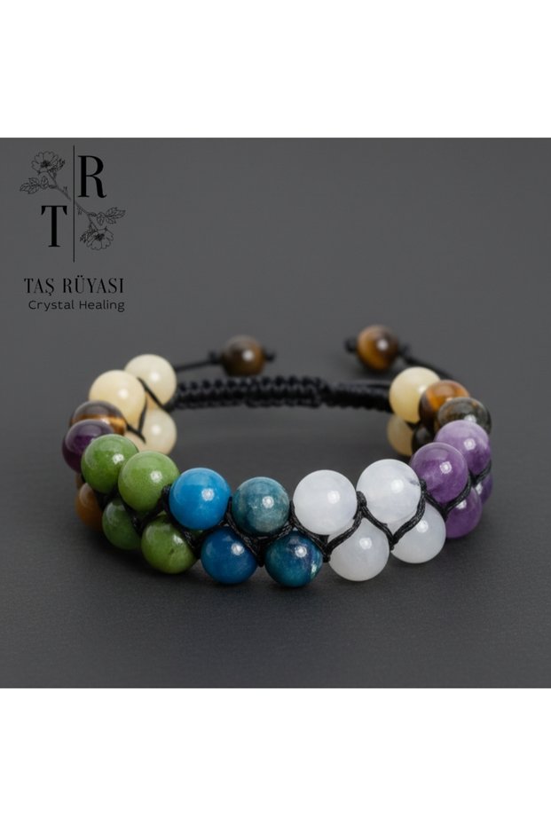 Calcite, Tiger's Eye, Canadian Jade, Apatite, Moonstone, Amethyst Knit Bracelet 8 mm