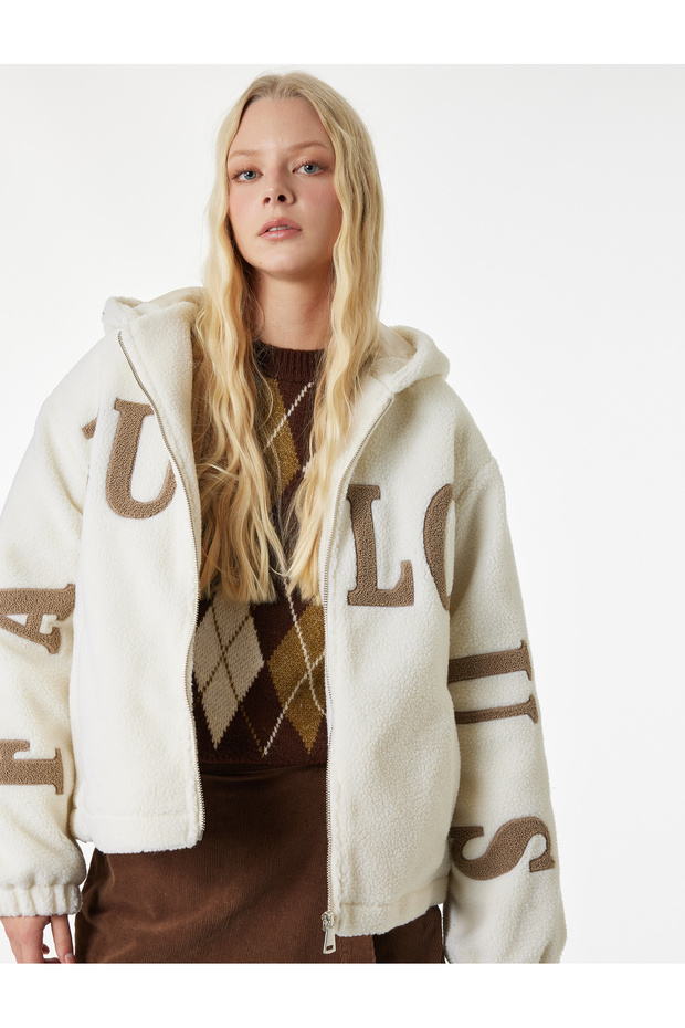 Hooded Printed Pocket Zippered Oversized Plush Jacket