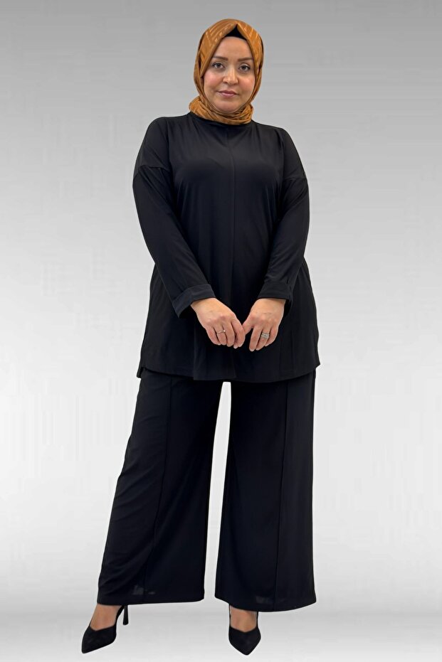 67001 Large Size Double Model Sandy Pants Suit with Cuff Sleeves - Black