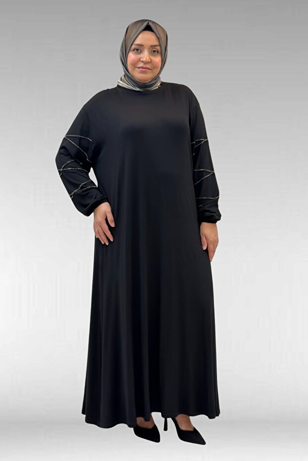 F-52021 Plus Size Green Stone Detailed Combed Cotton Dress - Black