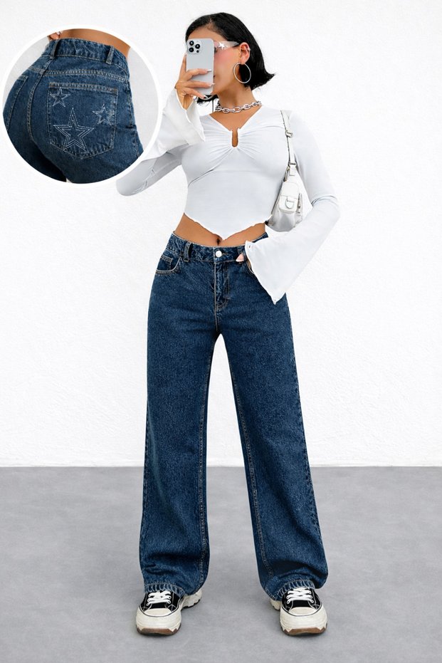 Women's Regular Waist Wide Leg Star Embroidered Navy Blue Jean Trousers