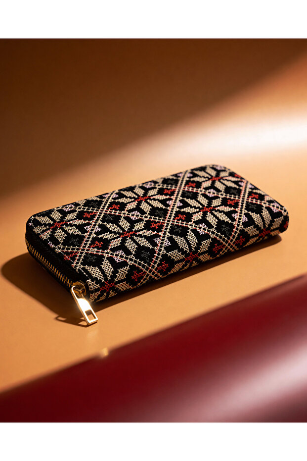 Women's Wallet Palestine Traditional Gold Embroidered Single Zipper Large 20X10 cm