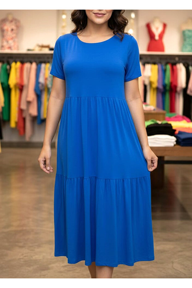 Women's Cobalt Blue Relaxed Cut Double Sleeve Katkat Combed Cotton Dress
