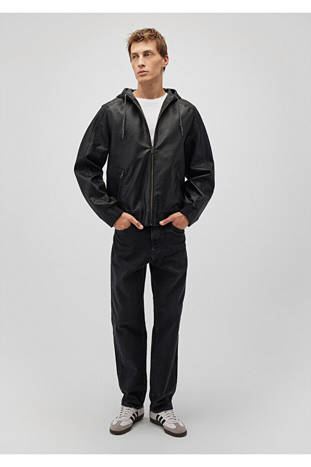 Hooded Black Faux Leather Jacket Regular Fit / Regular Fit 0110437 -900