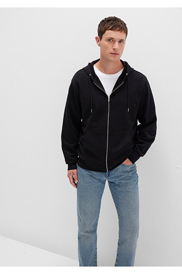 Kapüşonlu Fermuarlı Siyah Basic Sweatshirt 0S10277-900 - 2