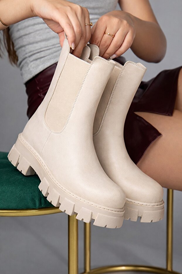 Women's Beige Elastic Thick Sole Serrated Winter Snow Boots