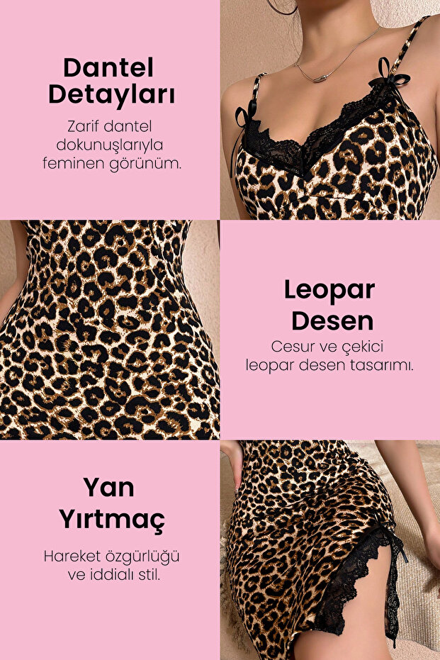Leopar Desenli Dantelli Askılı Kadın Gecelik – Yırtmaç Detaylı, Seksi ve Şık İç Giyim - 3