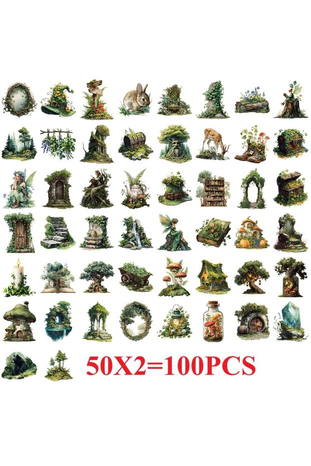 100PCS 50/100PCS Cartoon Green Forest Sticker Pack Waterproof Transparent PET for Laptop Stationery