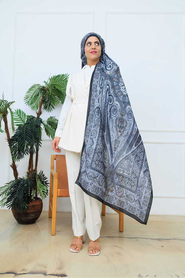 Retro Ethnic Pattern Cotton Shawl Black Mink (70X180Cm)