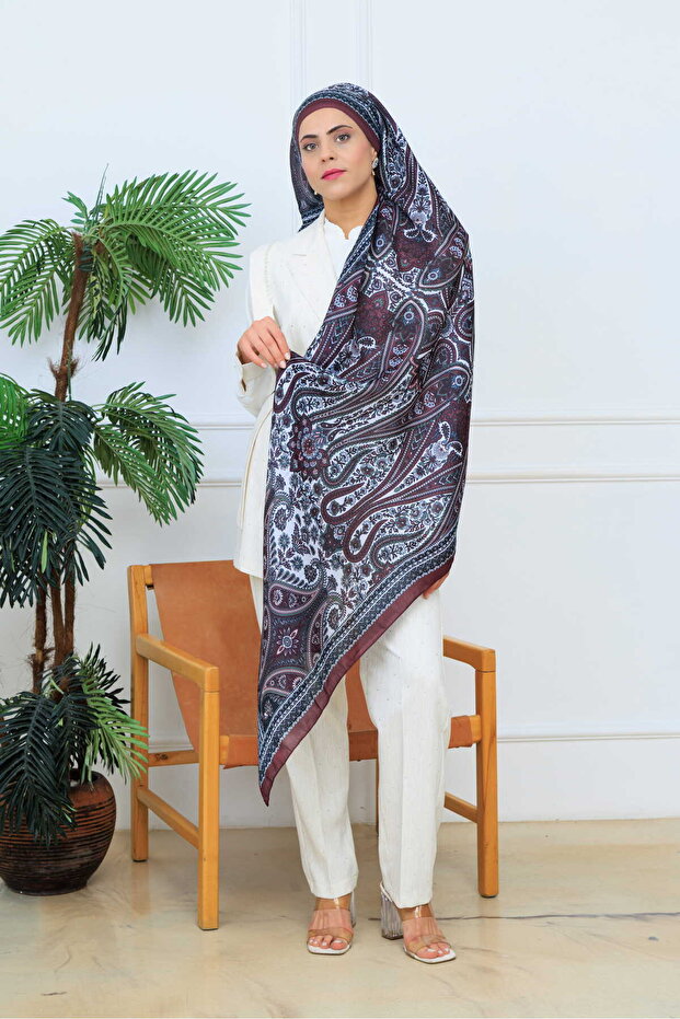 Retro Ethnic Pattern Cotton Viscose Shawl Claret Red Black